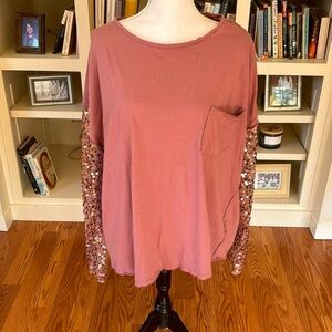 Free People Dusty Rose Pink Celine Sequin Long Sleeve Shirt Size XL